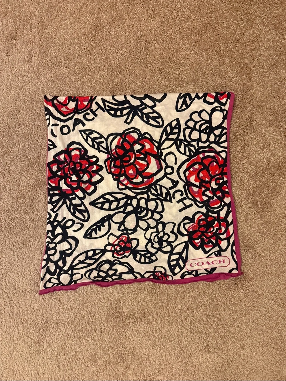 Coach Floral Logo Silk Scarf in White, Red & Black with Pink Trim